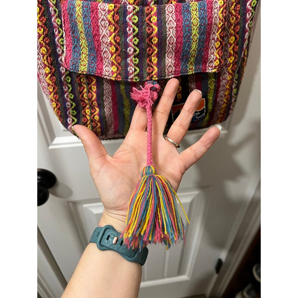 Billabong Boho Backpack Multicolor Woven Tribal Stripe Tassel Drawstring Bag - Picture 3 of 16